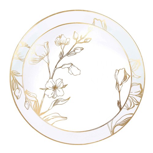 Plasticpro 128 Piece Combo Plates Set includes 64 7'' inch Plates & 64 10'' inch Plates White Plastic Floral Design Party Plates With Gold Rim, Premium Elegant, Tableware, Dishes,