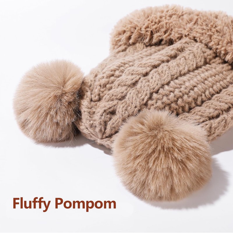 Peicees Knitted Beanie with Fur Pompom for Women Chunky Winter Beanie Hat Warm Fleece Lined Skull Cap Cute Khaki