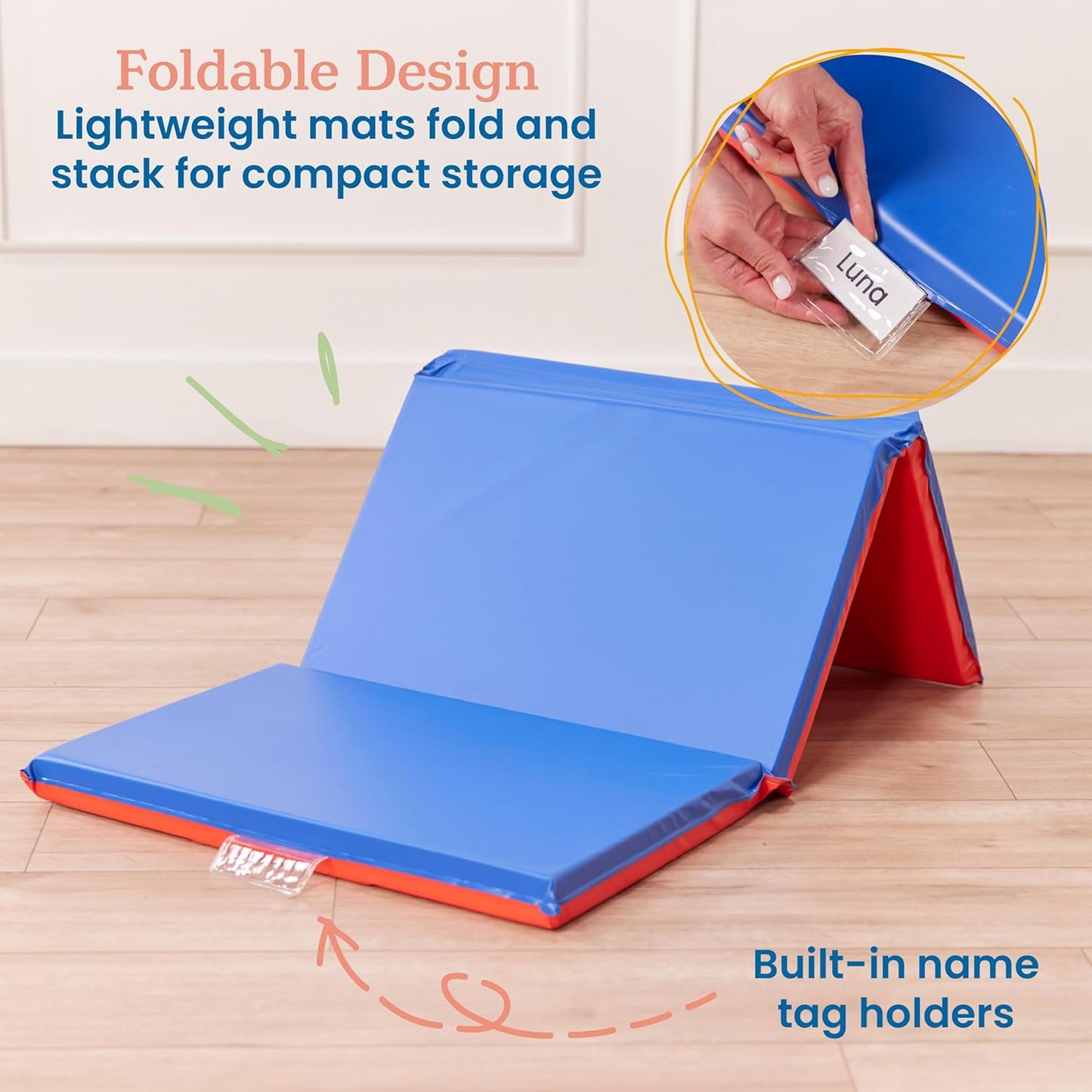 ECR4Kids Premium Folding Rest Mat - 3-Section Sleeping Pad | Blue/Red, 2-Inch Thick