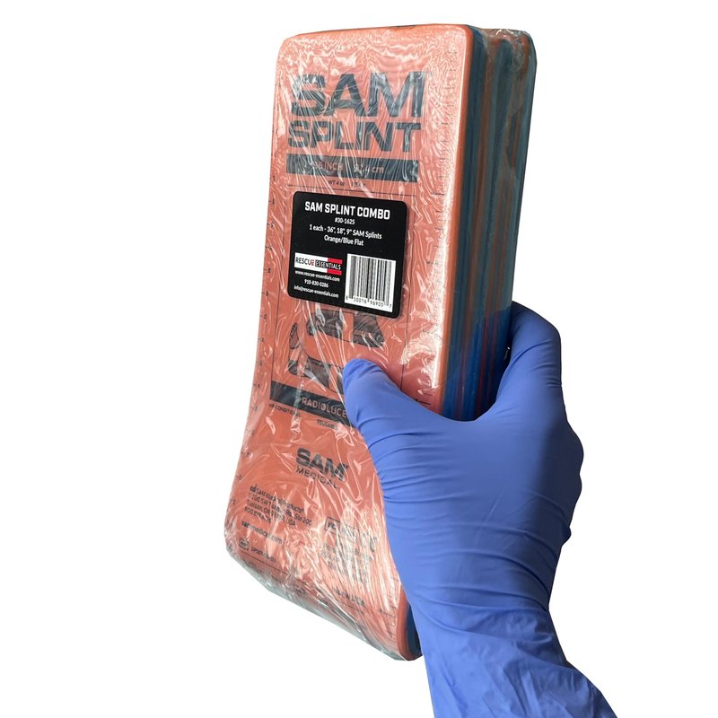 Rescue Essentials SAM Splint 3X Combo Pack – Moldable Aluminum Foam Splint for Fractures, Sprains & Strains – Lightweight, Reusable, Radiolucent Emergency Splint Set (1 Each 4.25" x 9", 18", 36"), Orange/Blue – Professional First Aid Immobilization