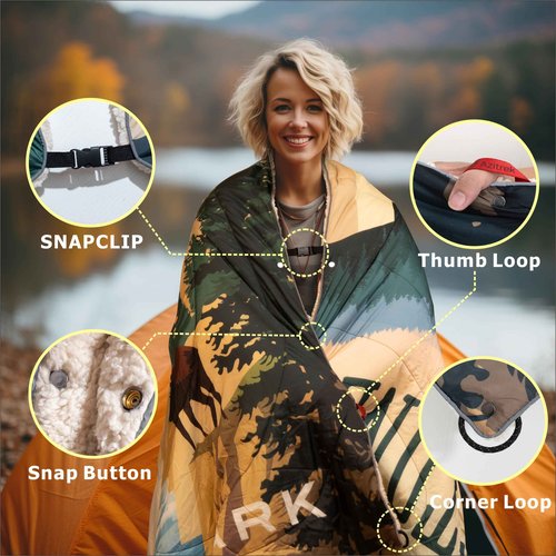 AZITREK Sherpa Puffy Outdoor Blanket for Camping, Traveling, Car, Picnics, Beach, Concert, Stadium Sporting Events - Wearable, Machine Washable, Soft, Warm, Waterproof - 55 X 78 (Yellowstone NP)