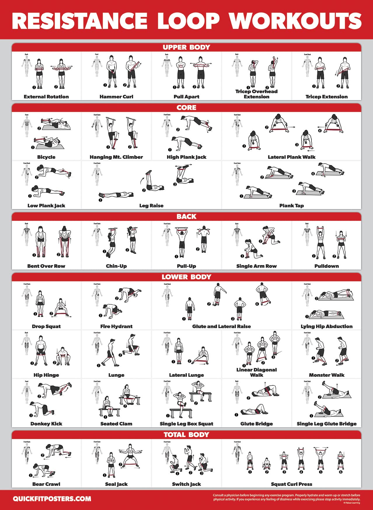 Palace Learning 4 Pack - Dumbbell Workouts + Bodyweight Workouts + Stretching Exercises + Resistance Loops - Set of 4 Workout Charts (18” x 24”, LAMINATED)