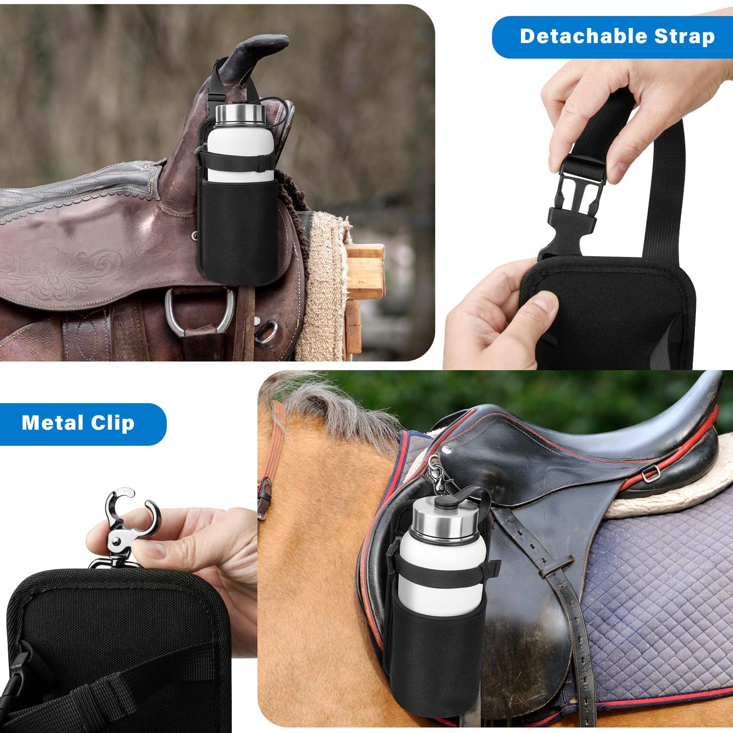 Xxerciz Water Bottle Holder for Horse Saddle, Nylon Water Bottle Carrier Bag with Metal Clip and Handle Strap for English Western Saddles