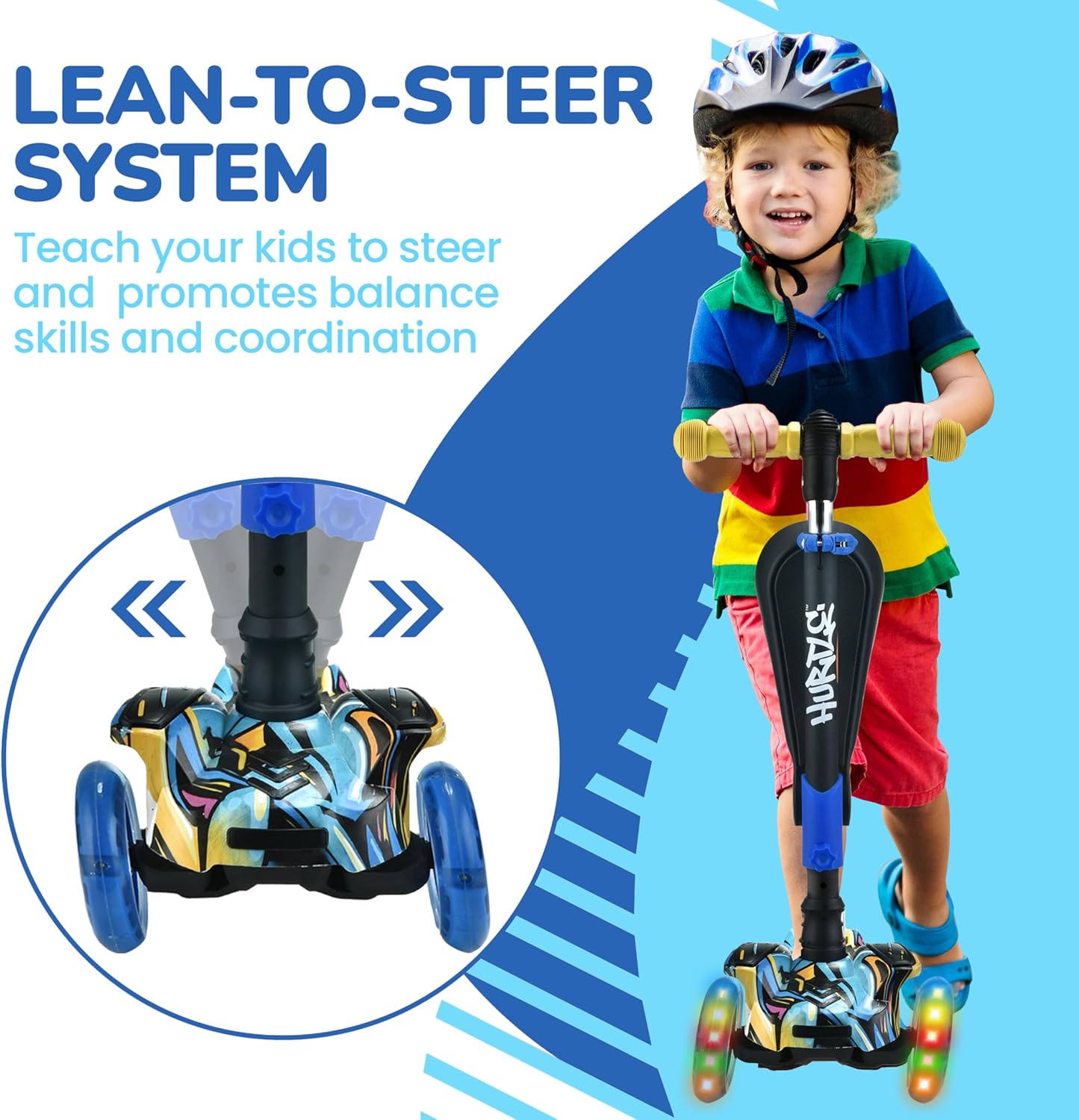 Hurtle 3-Wheeled Kids Scooter - LED Wheel Lights, Adjustable Handlebar & Foldable Seat | Sit or Stand Ride for Ages 1-14