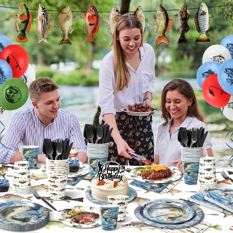 Fishing Birthday Party Decorations Set - 197 Pcs for 24 Guests | Banners, Cake Toppers, Plates & Balloons