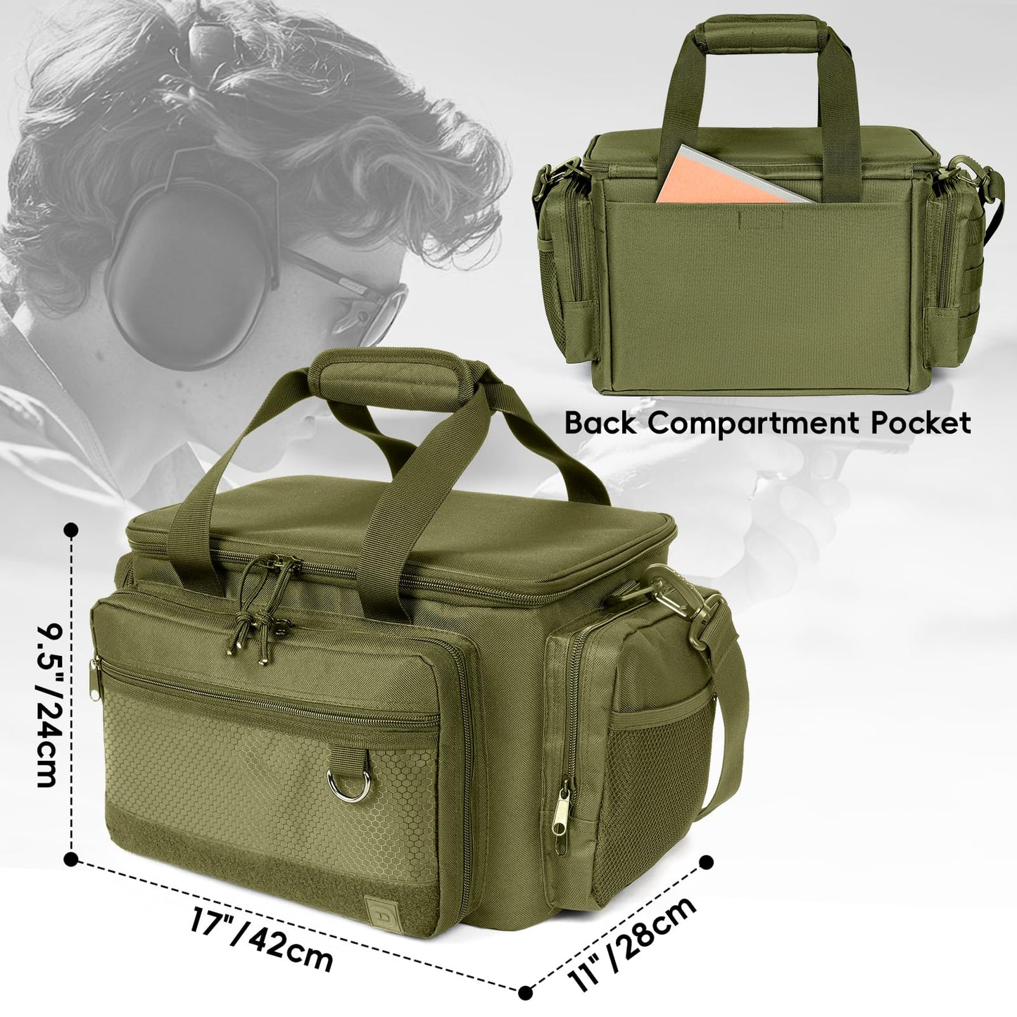 DULCE DOM Tactical Gun Range Bag for Handguns & Pistols - Lockable Compartment, Ammo Storage, Magazine Slots, Durable Range Essentials Bag (GREEN)