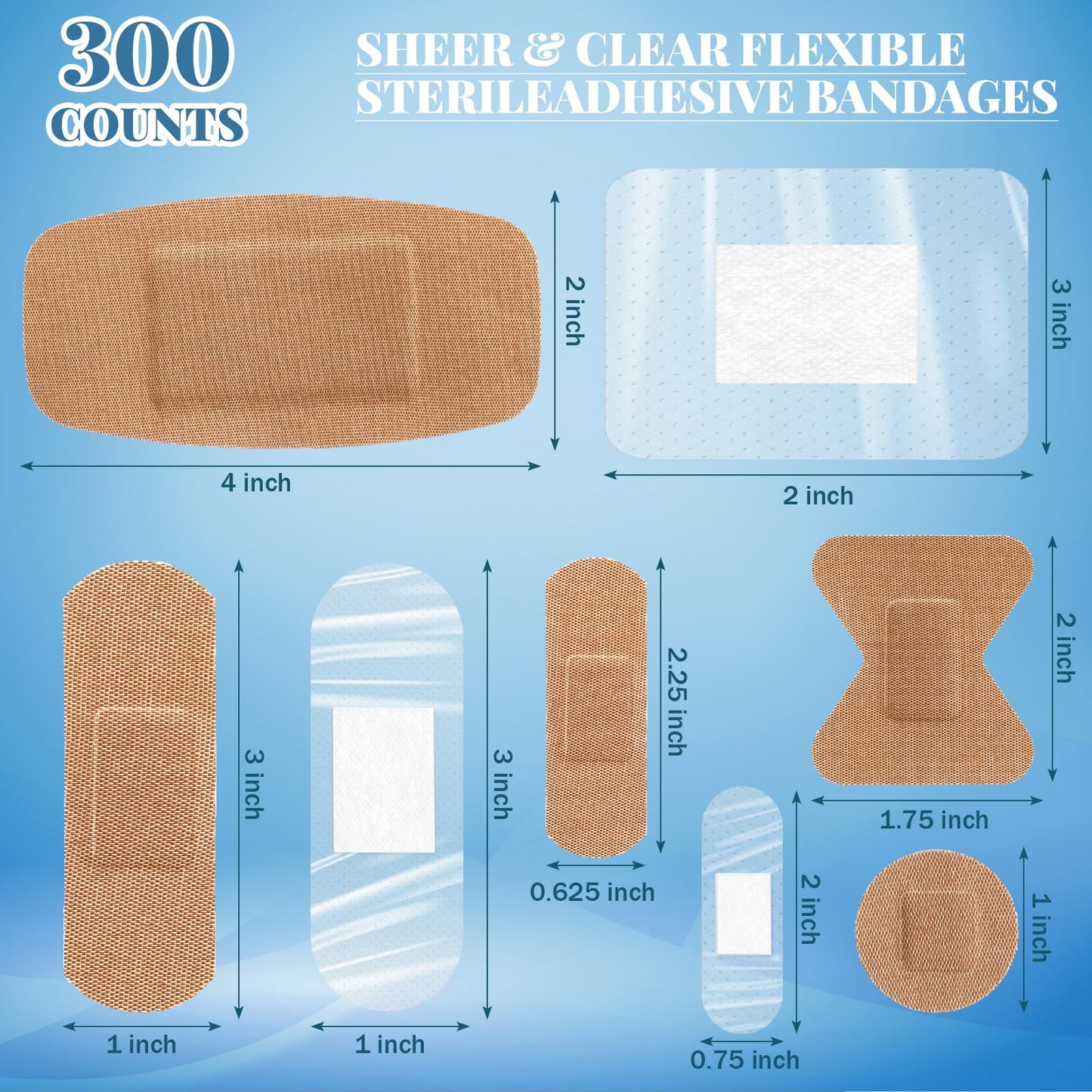 Geiserailie 300 Pcs Adhesive Bandages Family Variety Pack Fabric and Waterproof Assorted Bandages Bulk Sterile Individually Wrapped Bandages for First-Aid, Scrapes, Fingers(Clear and Fabric Bandage)