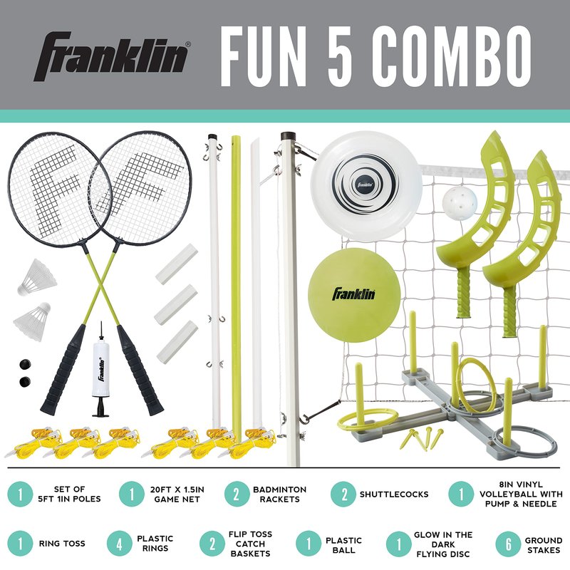 Franklin Sports Fun 5 Combo Set - Badminton - Volleyball - Ring Toss - Flip Toss - Flying Disc