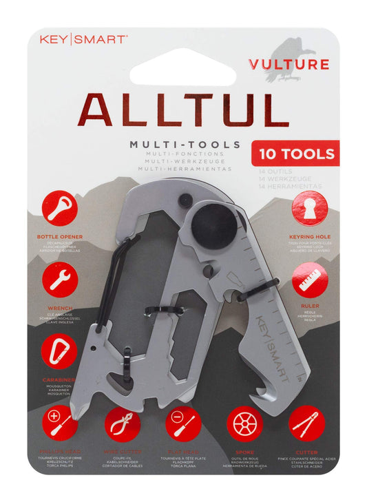 KeySmart AllTul Vulture - 10-in-1 Keychain Multitool with Bottle Opener, Wrench, Carabiner, Philips Head, Wire Cutter, Flat Head, Spoke, Cutter, Ruler and Keyring Hole, Tool for Camping, Fishing Etc.