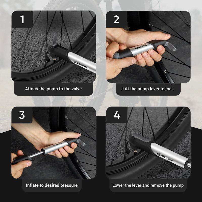Optio Cycle Mini Bike Pump 120 PSI / 8.3 Bar – Compact Portable Frame-Mounted Bicycle Hand Air Pump for Presta and Schrader Valve | Small Manual Tire Tool for Road, Track, Mountain Bike, BMX, Ebike