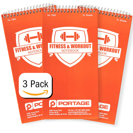 Portage Fitness & Workout Notebook - Fitness Journal, Workout Log, Exercise & Weight Training Notebook Planner, Fitness Tracker Log for Bodybuilding – 4 x 8 Inches, 140 Pages, 70 Sheets (Pack of 3)