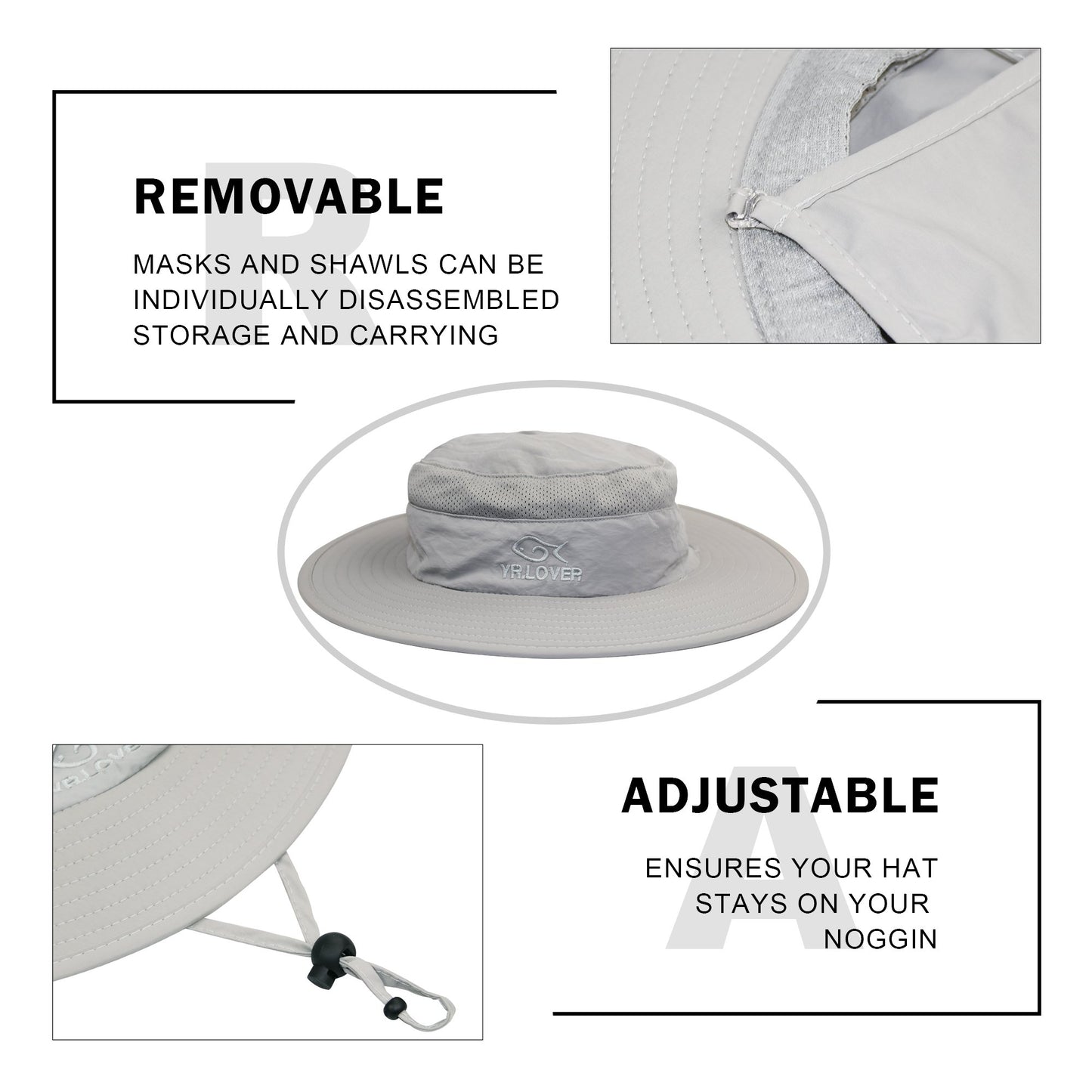 YR.Lover Outdoor UV Sun Protection Wide Brim Fishing Cap with Removable Flap Light Gray
