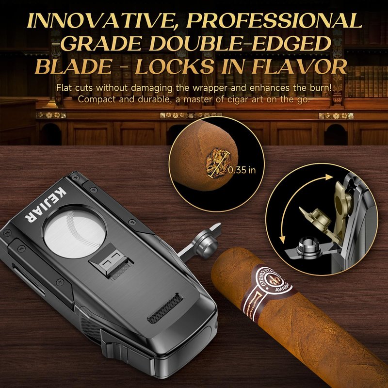 KEJIAR Cigar Lighter, Double Jet Torch Lighter, Built-in Punch, Double Edge Cigar Cutter and Holder, Refillable Butane Lighter, Ideal Cigar Accessories for Men Gift (Grey)
