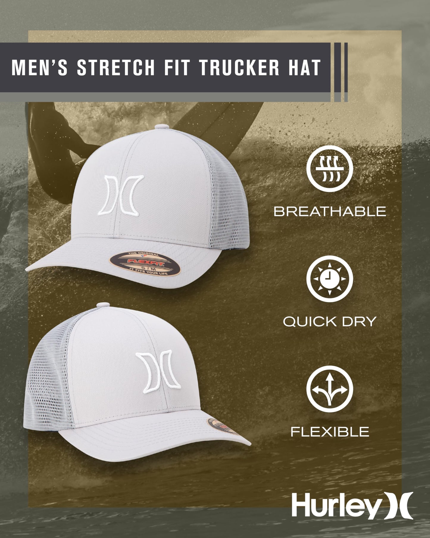 Hurley Mens Trucker Hat - Lightweight Breathable Stretch Mesh Back Curved Bill Baseball Cap with 3D Front Icon Logo, Size Large-X-Large, Light Grey
