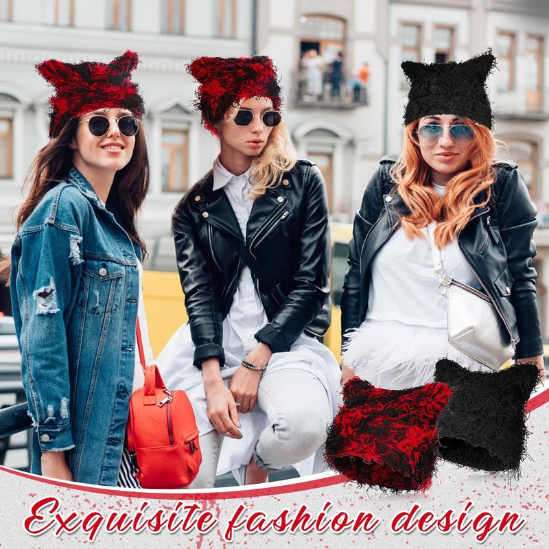 Chuarry 2 Pcs Distressed Knitted Cat Beanie Fuzzy Crochet Hat Y2k Hat Cat Ear Beanie Thick Winter Hats for Men Women Outdoor Red, Black