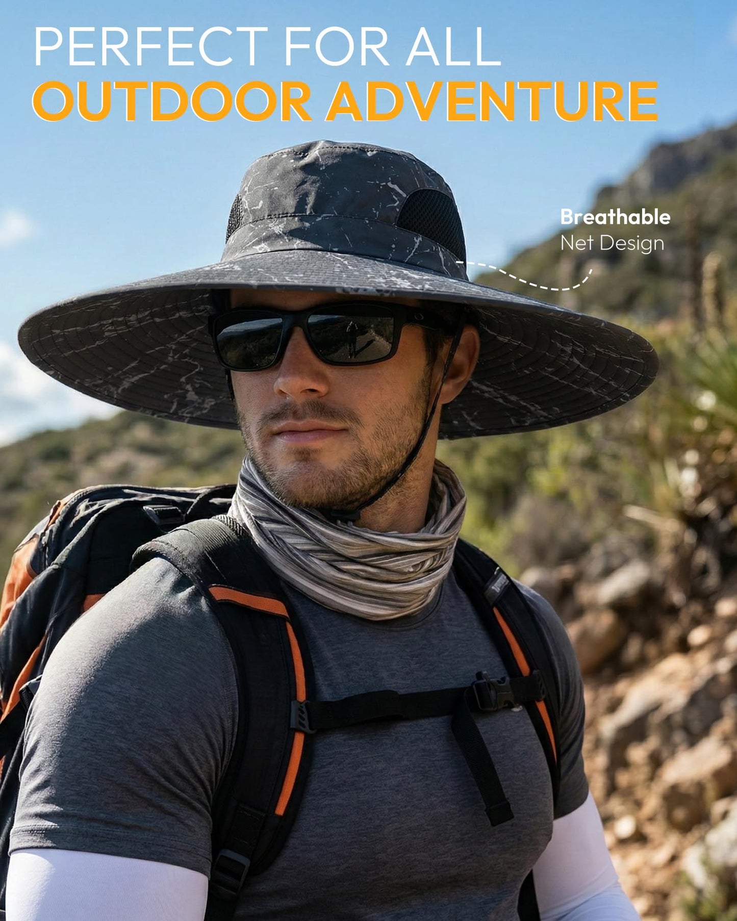 Mens Sun Hat Super Wide Brim Waterproof Breathable Bucket Hats for Men Fishing, Hiking, Camping Sun Hats for Men Black Ink