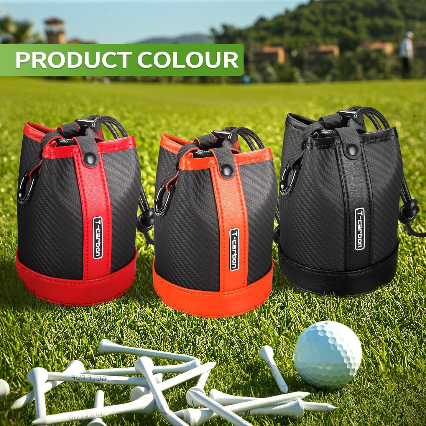 T-carbon Travel Gear Professional Valuables Golf Pouch;Bucket Waist Design Bag with Drawstrings;Carbon Fiber and Leather Golf Tee Bag for Glofers Men Women Very Practical Orange