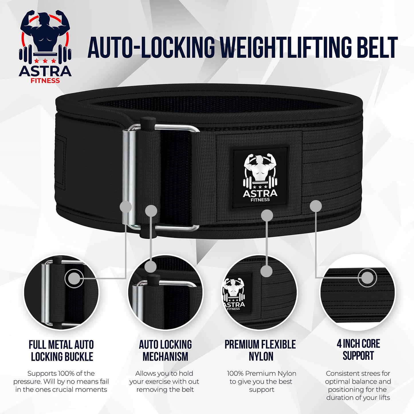 Astra Fitness - Auto-Locking Weight Lifting Belt - Adjustable Nylon Gym Workout Belts for Men and Women Deadlifting, Squatting, Workout Belt