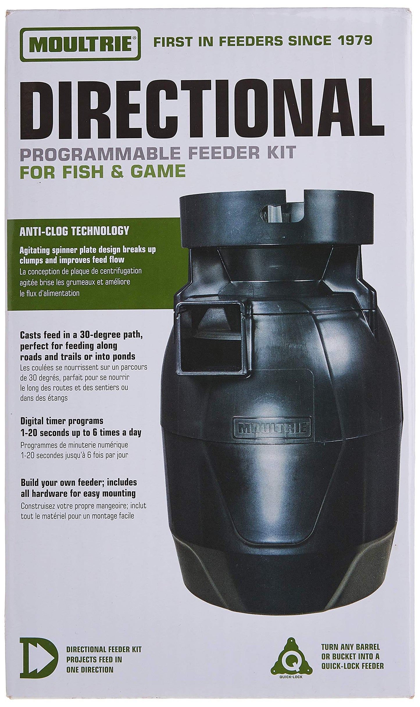 Moultrie Quick-Lock Directional Feeder Kit - Programmable Digital Timer - Anti-Clog Technology - 30-Degree Targeted Feed Dispersion - Tool-Free Quick-Lock System - Durable All-Weather Design