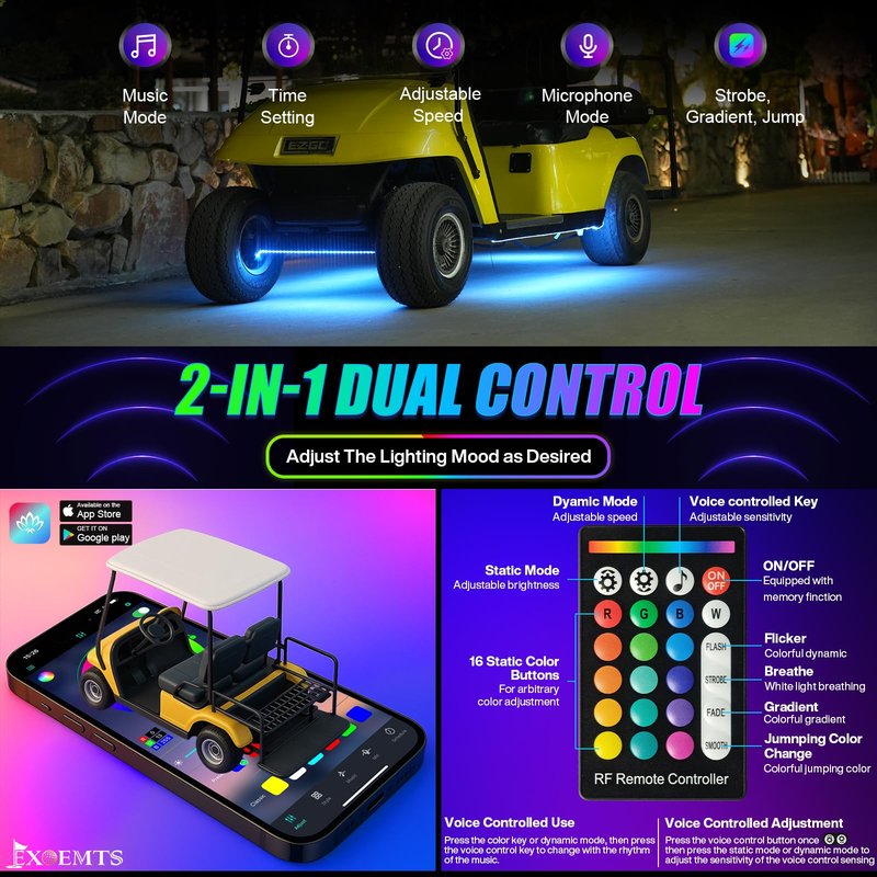 EXOEMTS Golf Cart Underglow Light Strip Kit, 9-16V Input Underbody Light Kit for EZGO Club Car Yamaha (4PCS-Golf Cart Underglow Light Strip Kit)