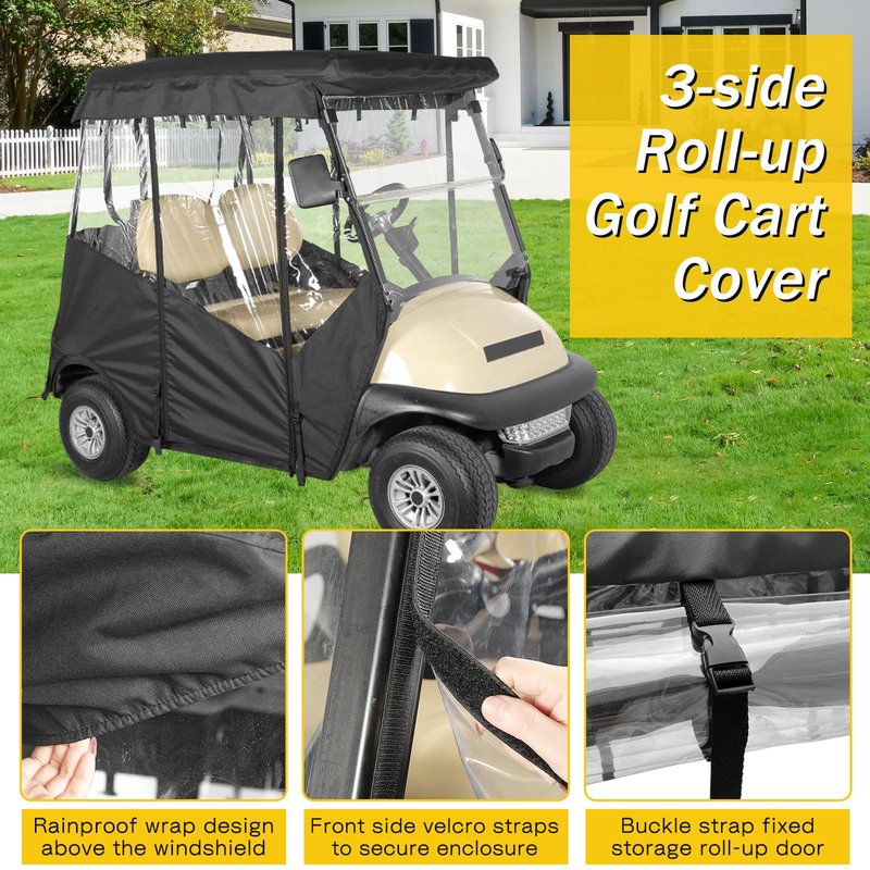 SANXIACAR Golf Cart Enclosure 2 Passenger for Club Car Precedent 2 Seater Open Front Windshield 3-Sided Clear Windows Waterproof Transparent Driving Rain Covers Roll-up Door Black (with Seat Blanket)