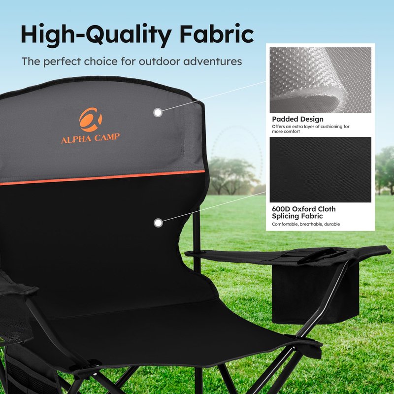 ALPHA CAMP Camping Chairs 250LBS Capacity, Heavy Duty Folding Chair with 4-Can Cooler Bag, Portable Outdoor Chair with Cup Holder for Adults, Collapsible for Tailgating, Beach, Fishing,Black,2PC