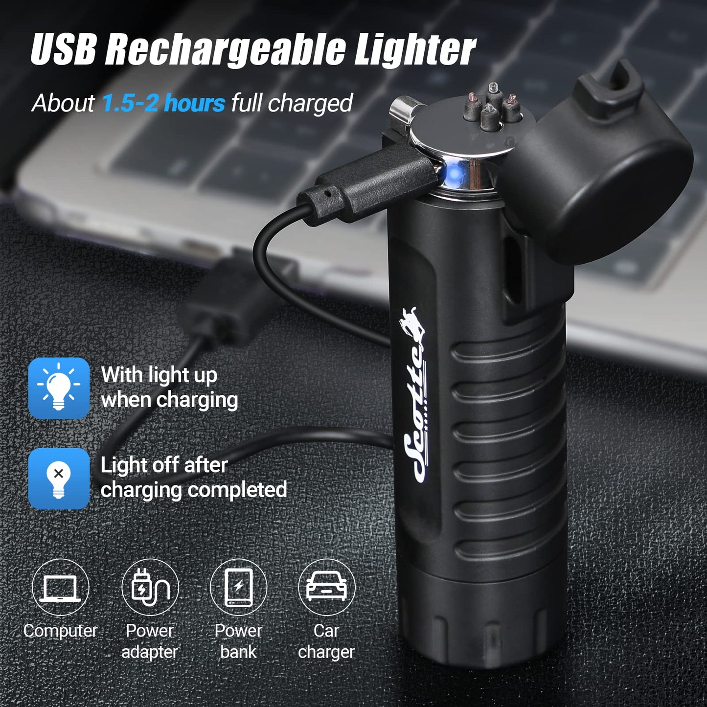 Scotte Plasma Windproof arc Lighter Electric Lighter and LED Flashlight - 2 in 1 (Black)/5-in-1 Magnesium Fire Starter for Emergency Survival Kits, Camping, Hiking, All-Weather Magnesium Ferro Rod