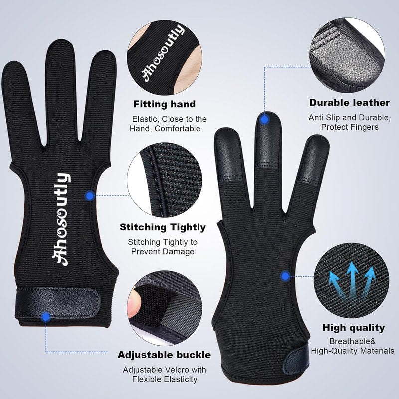 Archery Gloves - 2-Pack Three Finger Leather Shooting Gloves for Adults & Kids | Protective Gear