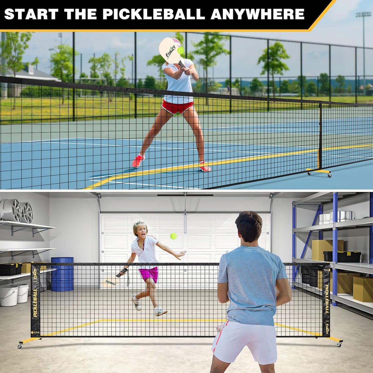 Pickleball Net with Wheels, Portable 2-in-1 Pickle Ball Net with Ball Collector,22FT Regulation Size & 11FT Half Court Size, Carry Bag, Steady Metal Frame for Outdoor Indoor Driveway (Black&Yellow)
