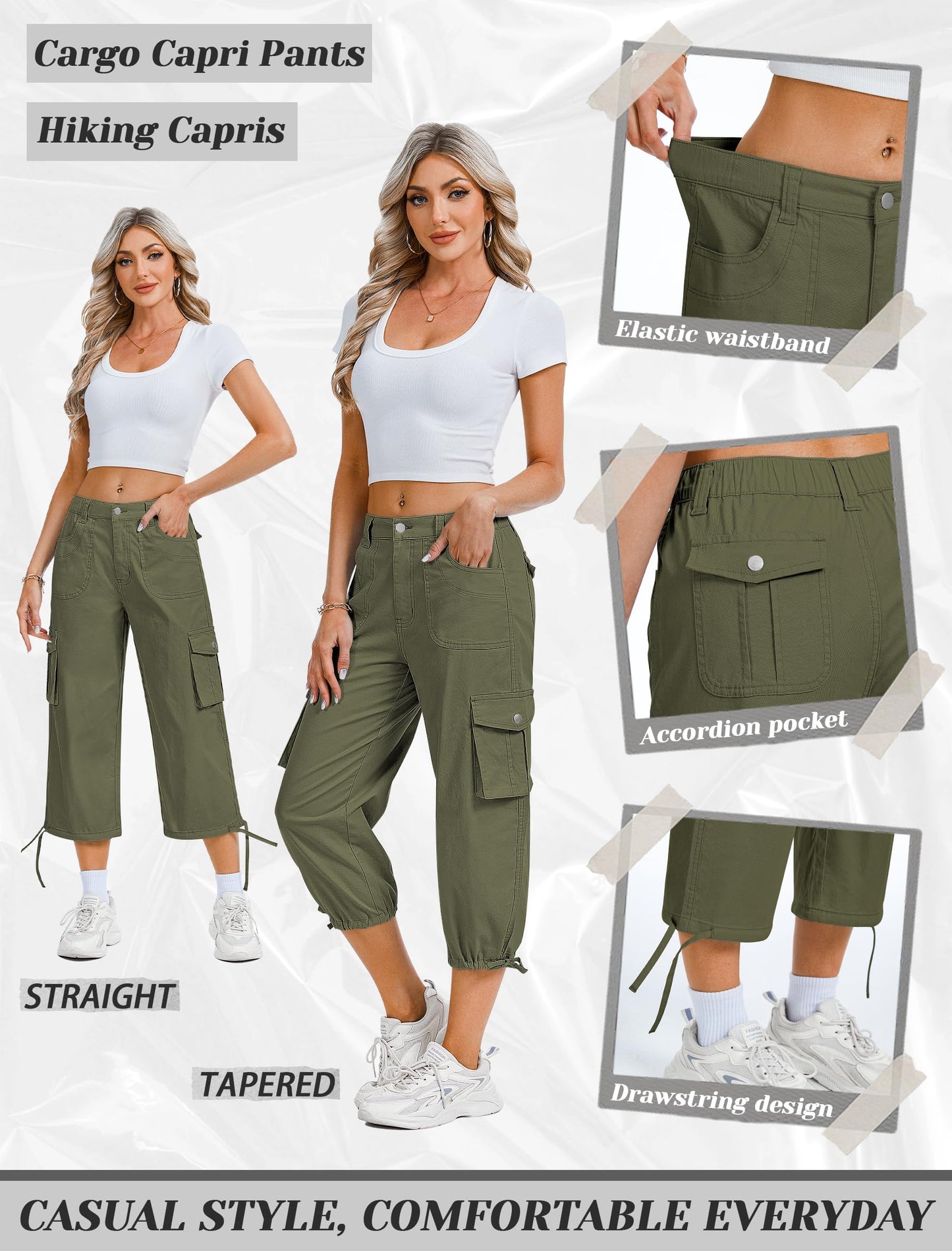Eddoyee Cargo Capris for Women Pants Cotton Hiking Pants with 6 Pockets Elastic Waist Casual Summer Pants 2026