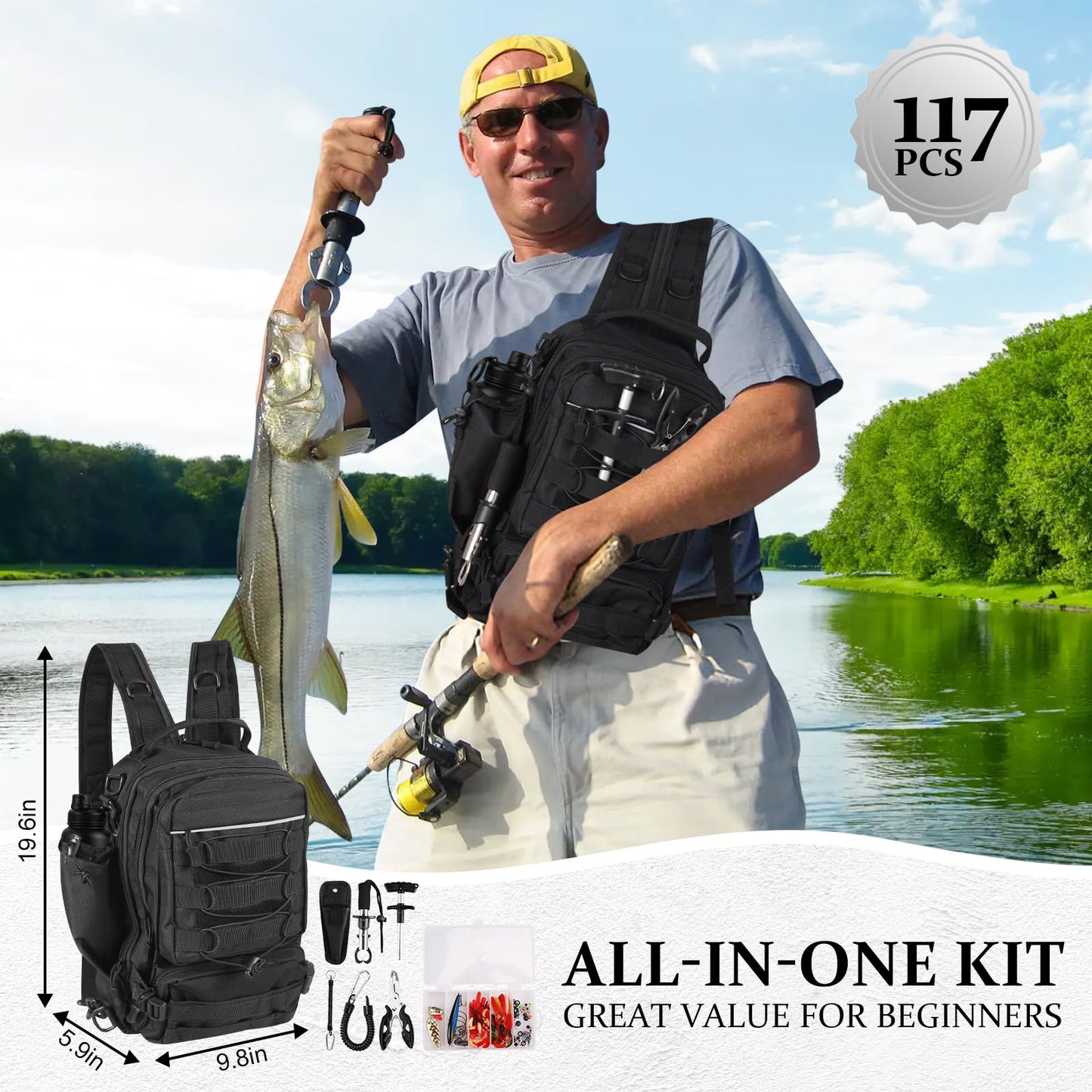FUNANASUN 117Pcs Fishing Backpack with Tackle Boxes, Waterproof Fishing Tool Kit with Pliers, Fish Hook Remover, Lip Gripper Ideal Gift for Boys, Grandsons, Husband