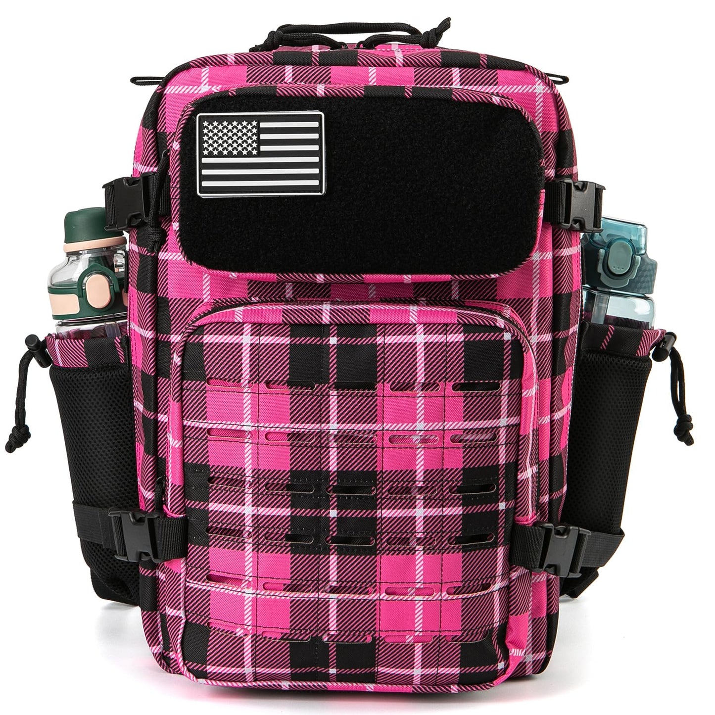 QT&QY 25L Military Tactical Backpacks For Women Survival Army Laser cut Molle Daypack small EDC Bug Out Bag Gym Rucksack With Dual Cup Holders medical Rucksack Rose Plaid