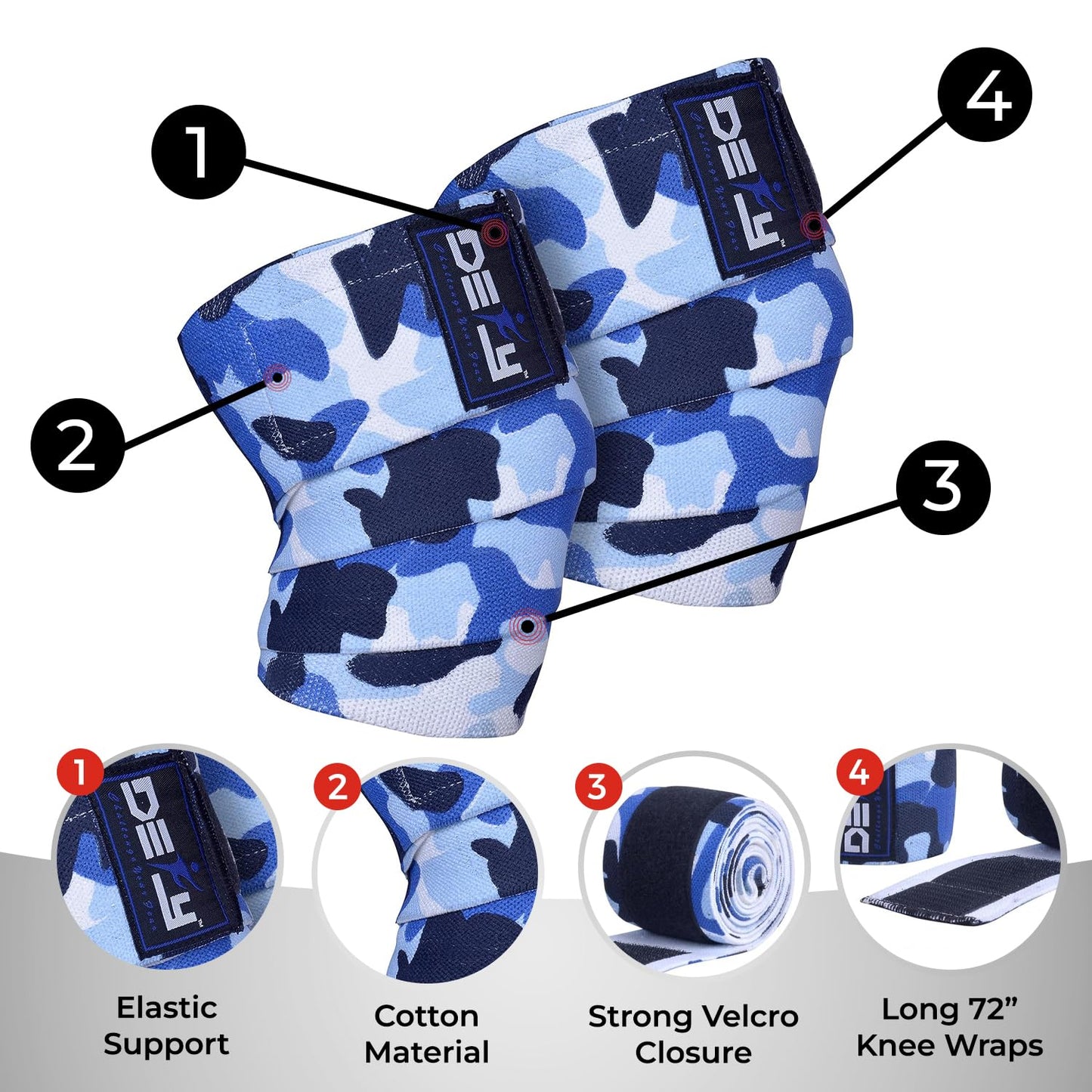 DEFY Sports' Knee Wraps for Weightlifting - Provides Knee Support for Powerlifting, Squats & Fitness Workouts - Ideal Knee Wrap for Men and Women (1 PAIR) (Blue Camo)