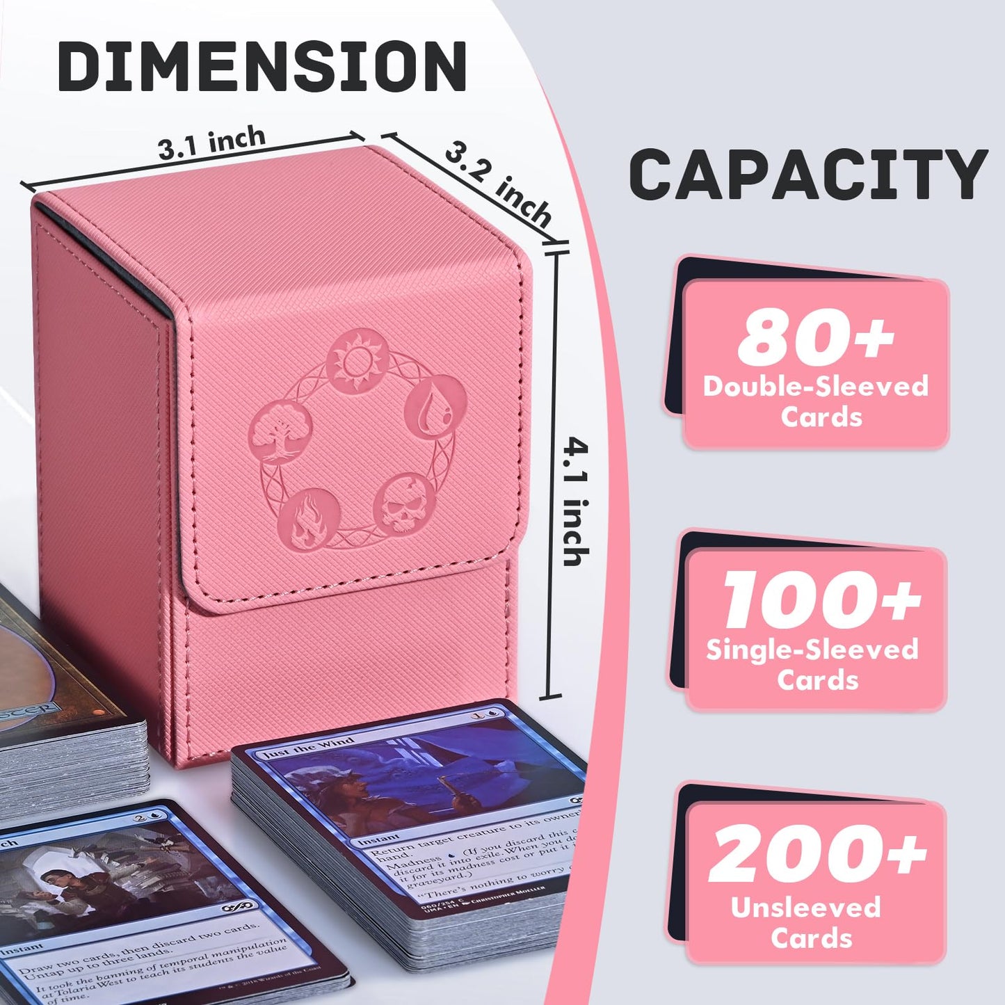 ZLCA Card Deck Box for Trading Cards with 2 Dividers, Card Storage Box Fits 100+ Single Sleeved Cards, PU Leather Strong Magnet Card Deck Case Holder for Magic Commander TCG CCG (Pink)