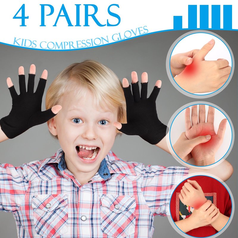 Panitay 4 Pairs Kids Compression Gloves Fingerless Arthritis Gloves Kids Compression Hand Cover for Boys Girls Carpal Tunnel(6-15 Years)