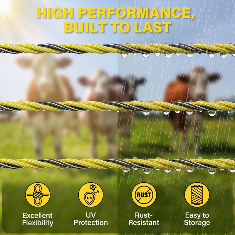 Electric Fence Wire - 5050 Ft Polywire with 6 Stainless Steel Strands for Reliable Conductivity | Ideal for Portable Livestock Fencing