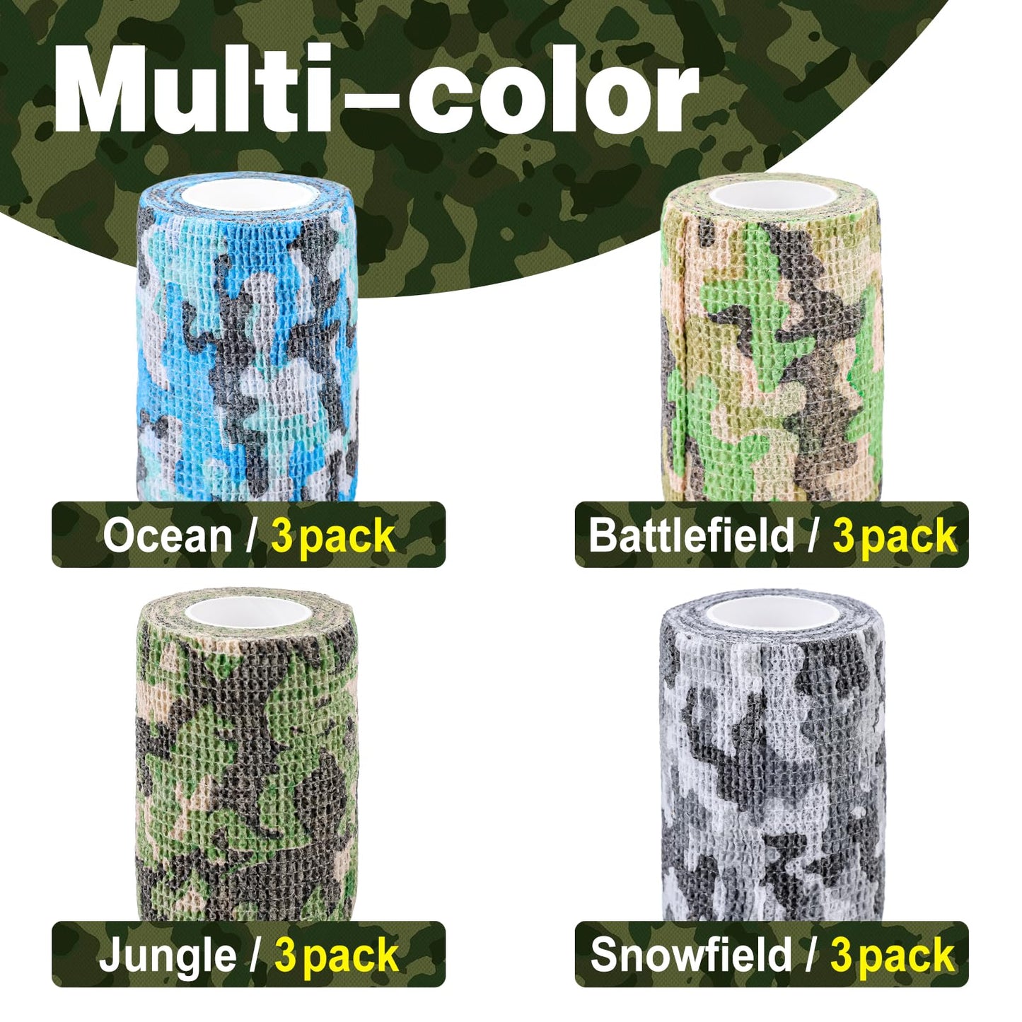 AZEN 12 Pack Camo Self Adhesive Bandage Wrap, 3" X 5 Yards Elastic Cohesive Bandage Wrap, Athletic Tape, Tattoo Tape Wrap, Vet Wrap, Ankle Tape (Camo)