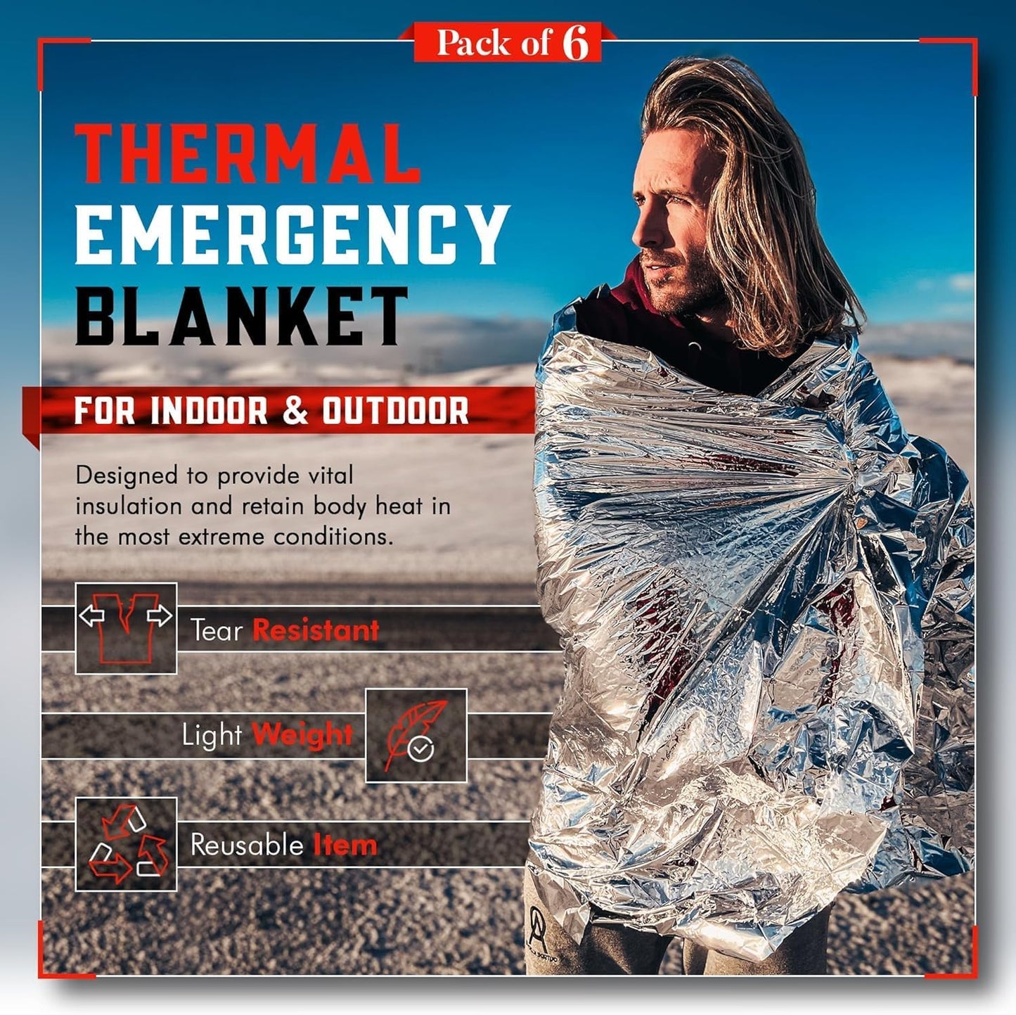 Emergency Blankets - Mylar Thermal Survival Blankets for Camping | Pack of 6