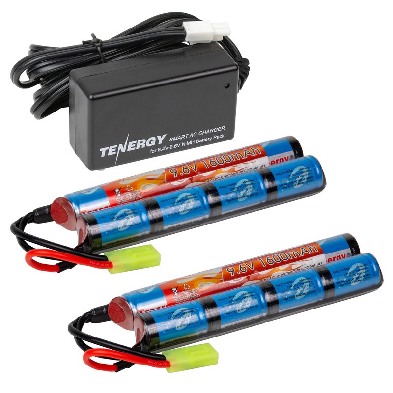 Tenergy Combo Charger and 2 Pack 9.6V NiMH 1600mAh Rechargeable Butterfly Battery Packs with Mini Tamiya Connector for Airsoft AEGs