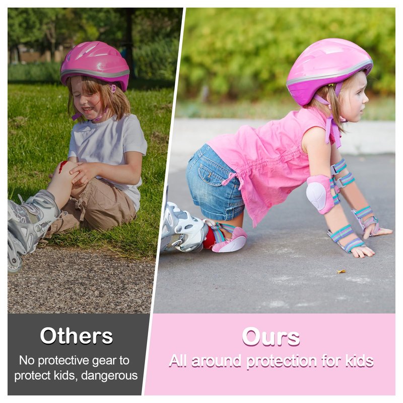 FIODAY Kids Knee and Elbow Pads Wrist Guards Adjustable Protective Gear Set for Girls Boys Inline Skating Biking Skateboard Scooter, Pink, 3-8 Years