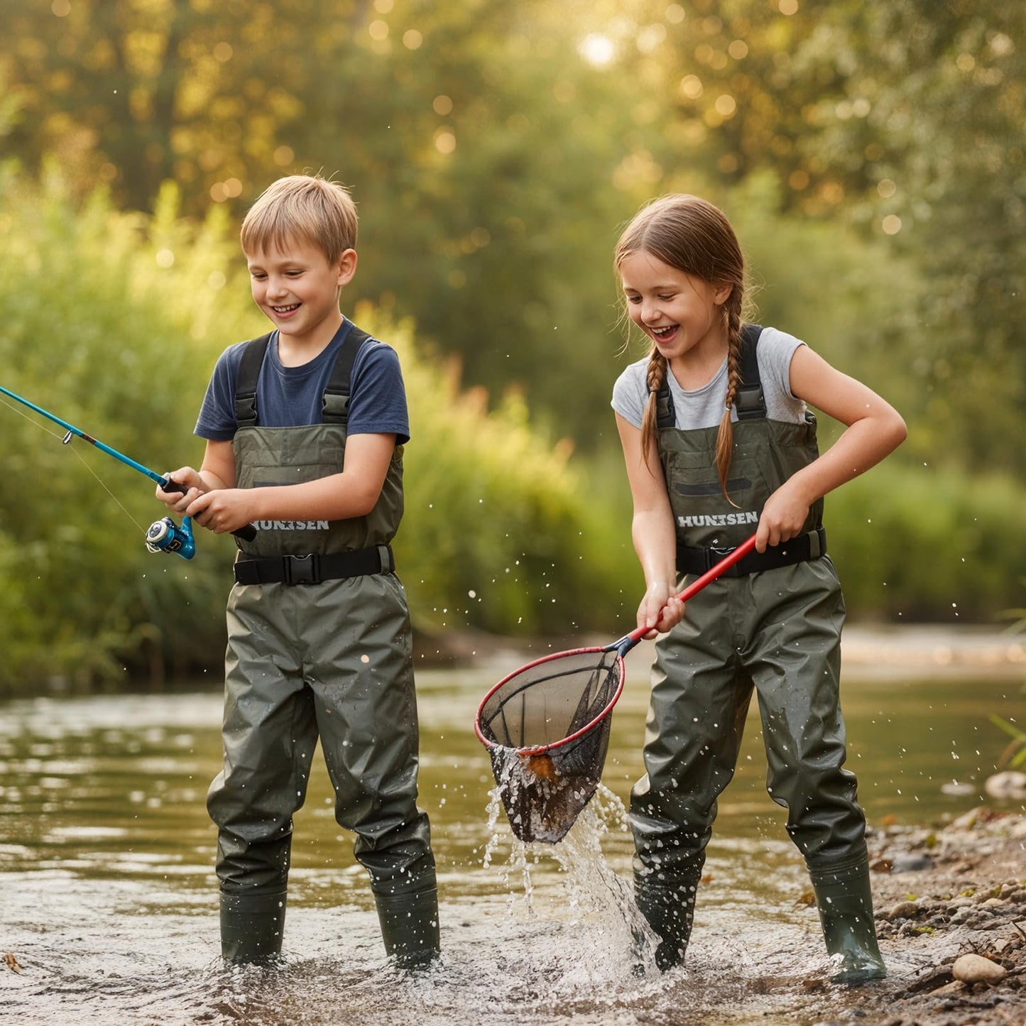 HUNTSEN Chest Waders for Kids with Boots - 2-Ply Nylon Waterproof Insulated Neoprene with Reflect Safety Band - Youth Fishing Waders with Boot Hanger for Toddler Children Hunting Waders for Boys Girls