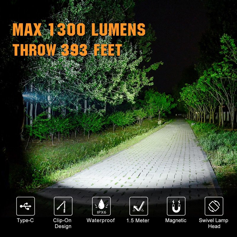 VTIGER C1 Rechargeable EDC Flashlight Clip-on Light, 1300 Lumens Powerful Portable Mini Swivel Clip Light,Multi-Mode,IPX6 Waterproof, Magnetic Small Pocket Lights for Cycling,Working,Emergency,Signal
