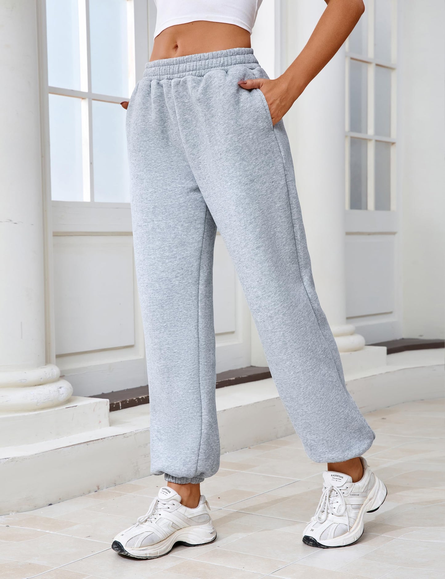 Warmrole Gray Sweatpants Fleece-Lined Lounge Pants High Waisted Comfy Workout Active Joggers for Women, Medium