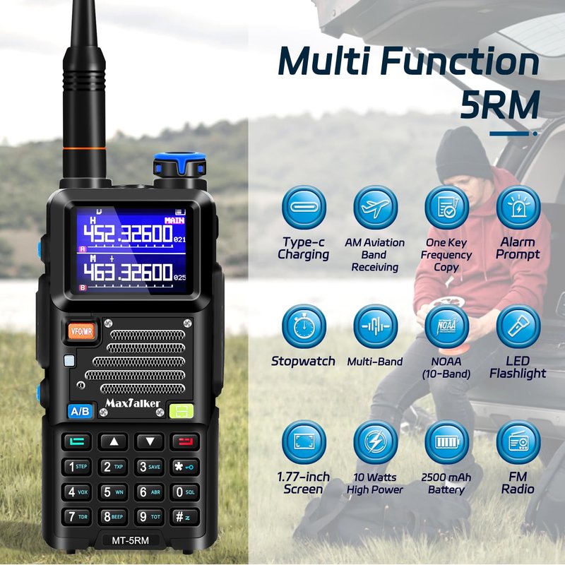 5RM Ham Radio Handheld 10W: Ham Rasios Long Range with NOAA Weather Receiver, Upgraded Antenna, Speaker Mic, Programming Cable, 2500mAh Battery Type-C Charging for Work,Camping,Hunting Essential 2Pack