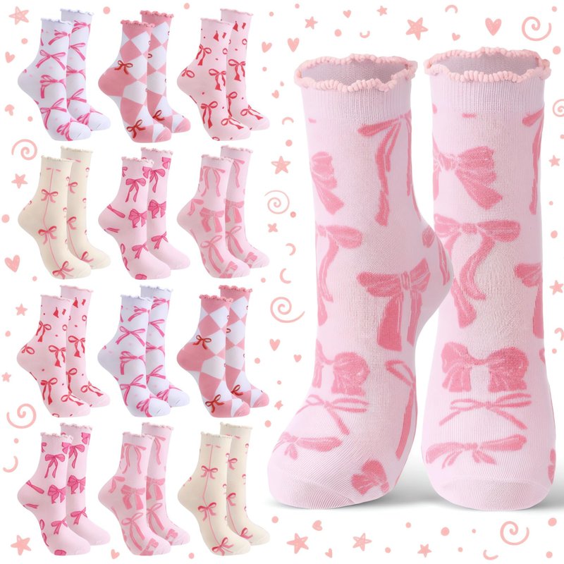 Jadive Coquette Pink Bow Socks Pink Bow Women's Inspired Socks Ornament for Birthday Decor Gift(Ruffle,12 Pcs)