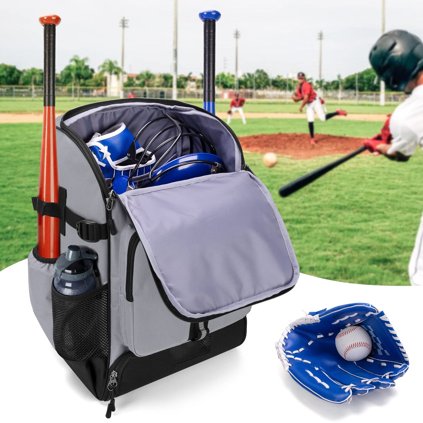 GOBUROS Baseball Backpack Holds Up to 4 Bats, Softball Bat Bag for Men Gray