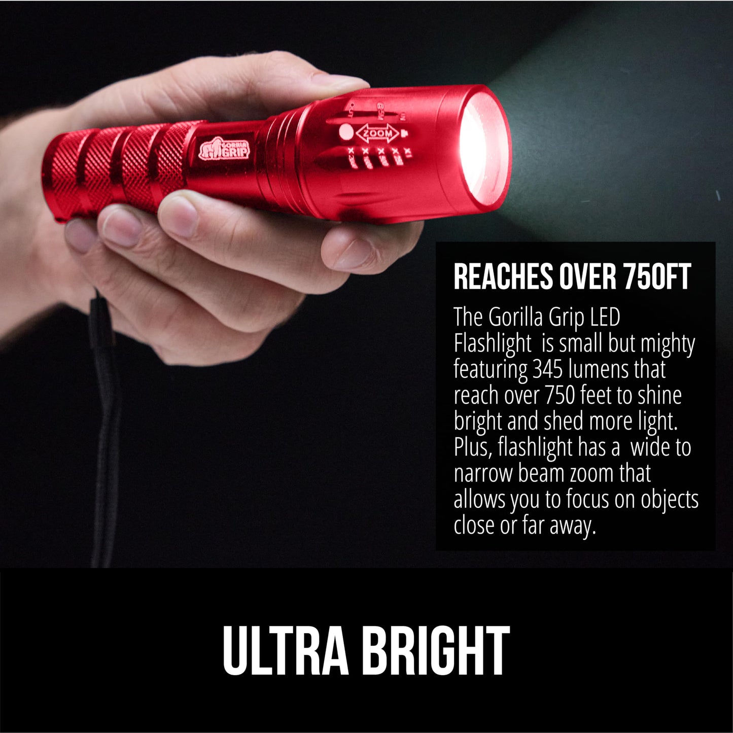 GORILLA GRIP Powerful LED Tactical Flashlight, 750 FT High Lumens 5 Adjustable Modes, Water Resistant, Ultra Bright Zoom Flashlights, Small Mini Flash Light, Camping, Night Dog Walking, Red