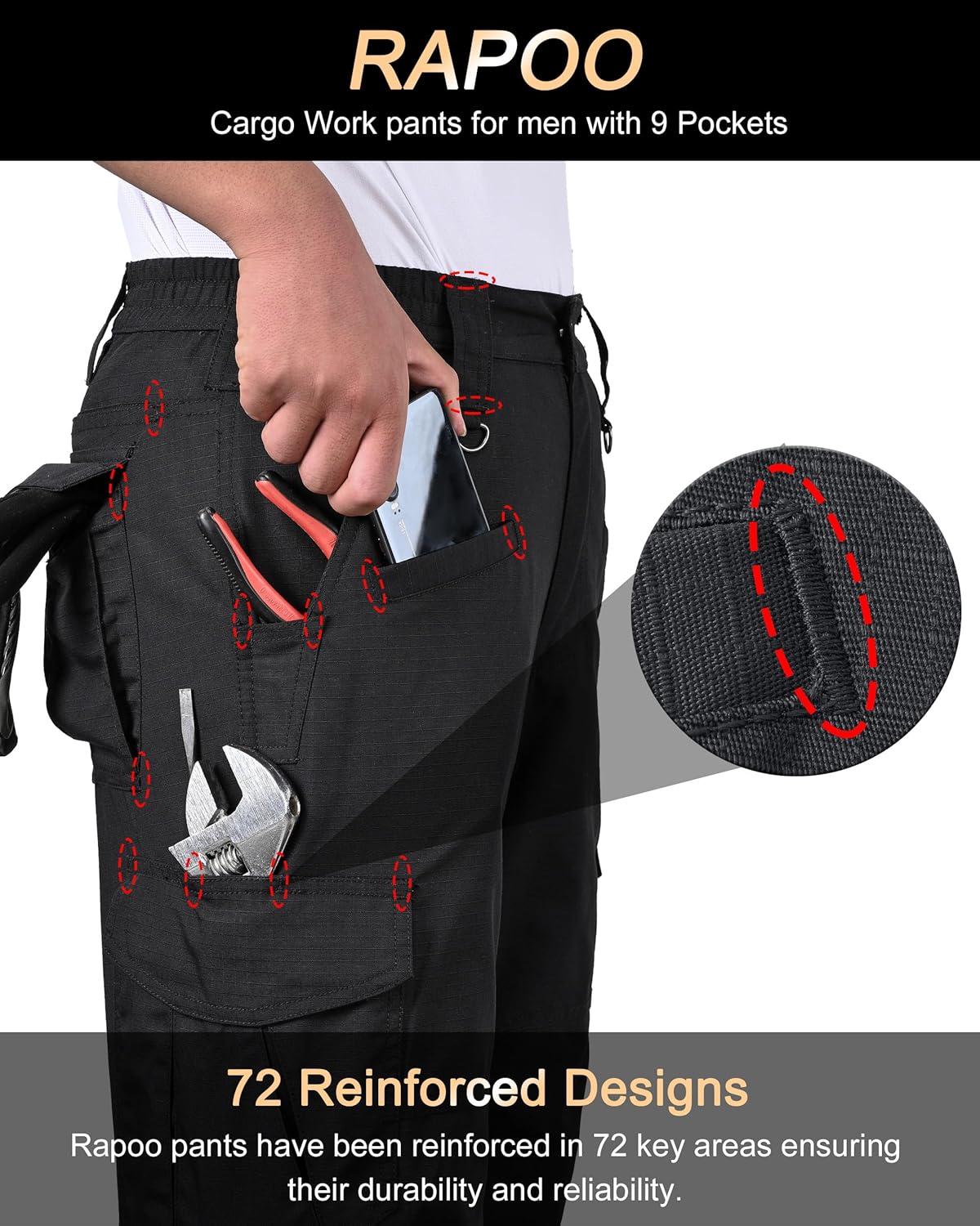 Rapoo Tactical Cargo Pants for Men - Water Resistant EDC Hiking Pants with 9 Pockets | Military Style
