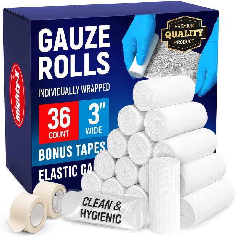 36 Gauze Rolls - 3" x 4.1yd - Soft and Breathable Rolled Gauze - Latex-Free Premium Individually Wrapped Bandages with Bonus Tape - First Aid Conforming Stretch Wrap for Wound Care - Vet Wrap