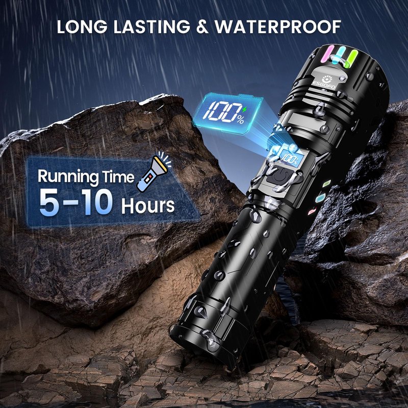 Super Bright Flashlight 100000 High Lumens Rechargeable,Powerful Long Distance 3280ft Strong LED Flash Lights,Long Lasting 10H LCD Digital USB Discharging Function,Focus & Brightness Adjustable